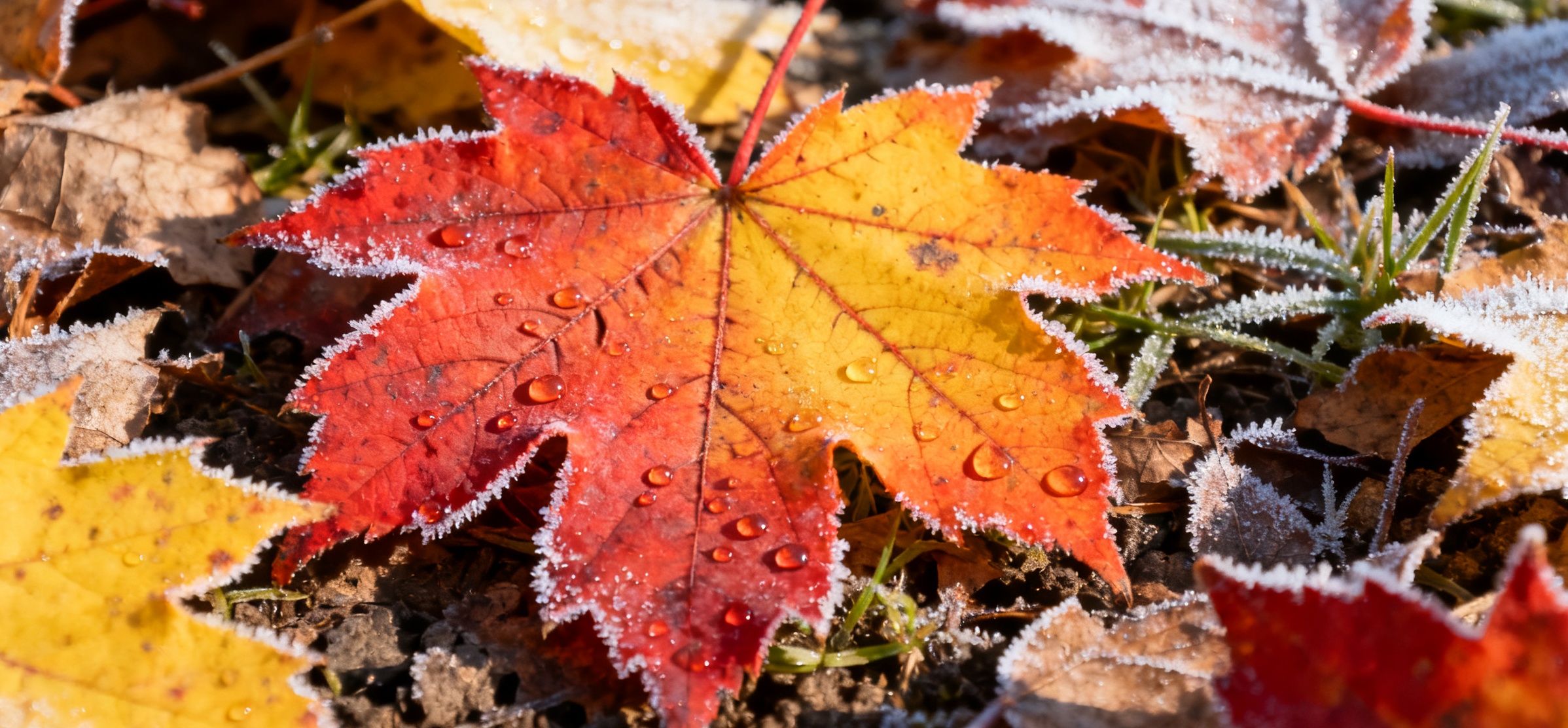 jimeng-2025-10-22-6304-枫叶表面零星分布着霜点，主要集中在叶脉凹陷处，叶片仍以红橙黄色为主，地面落叶上只..._副本.jpg
