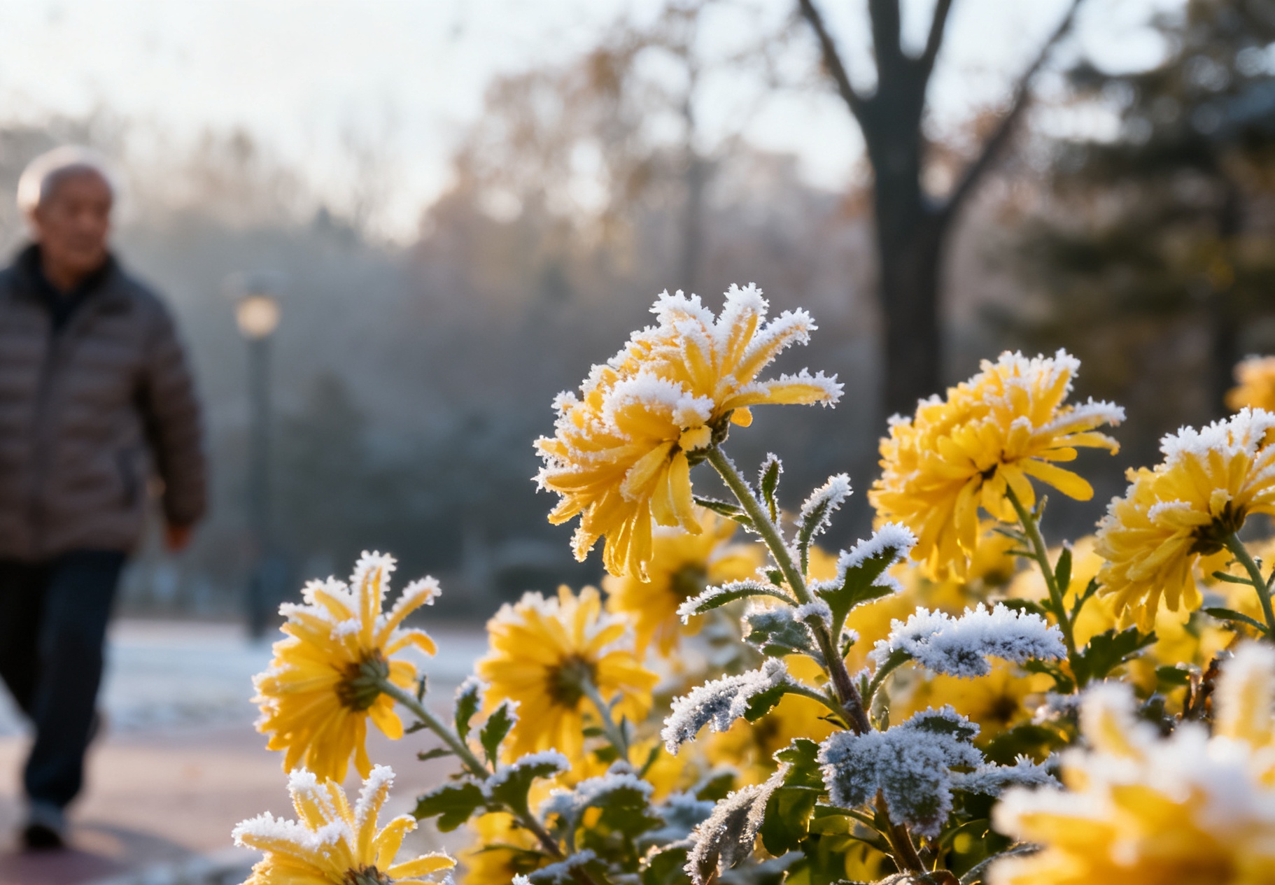 jimeng-2025-10-22-2301-霜降之后，公园中的菊花凌寒盛开，黄色菊花在寒风中摇曳，花朵上沾着白色的霜花，远处..._副本.jpg