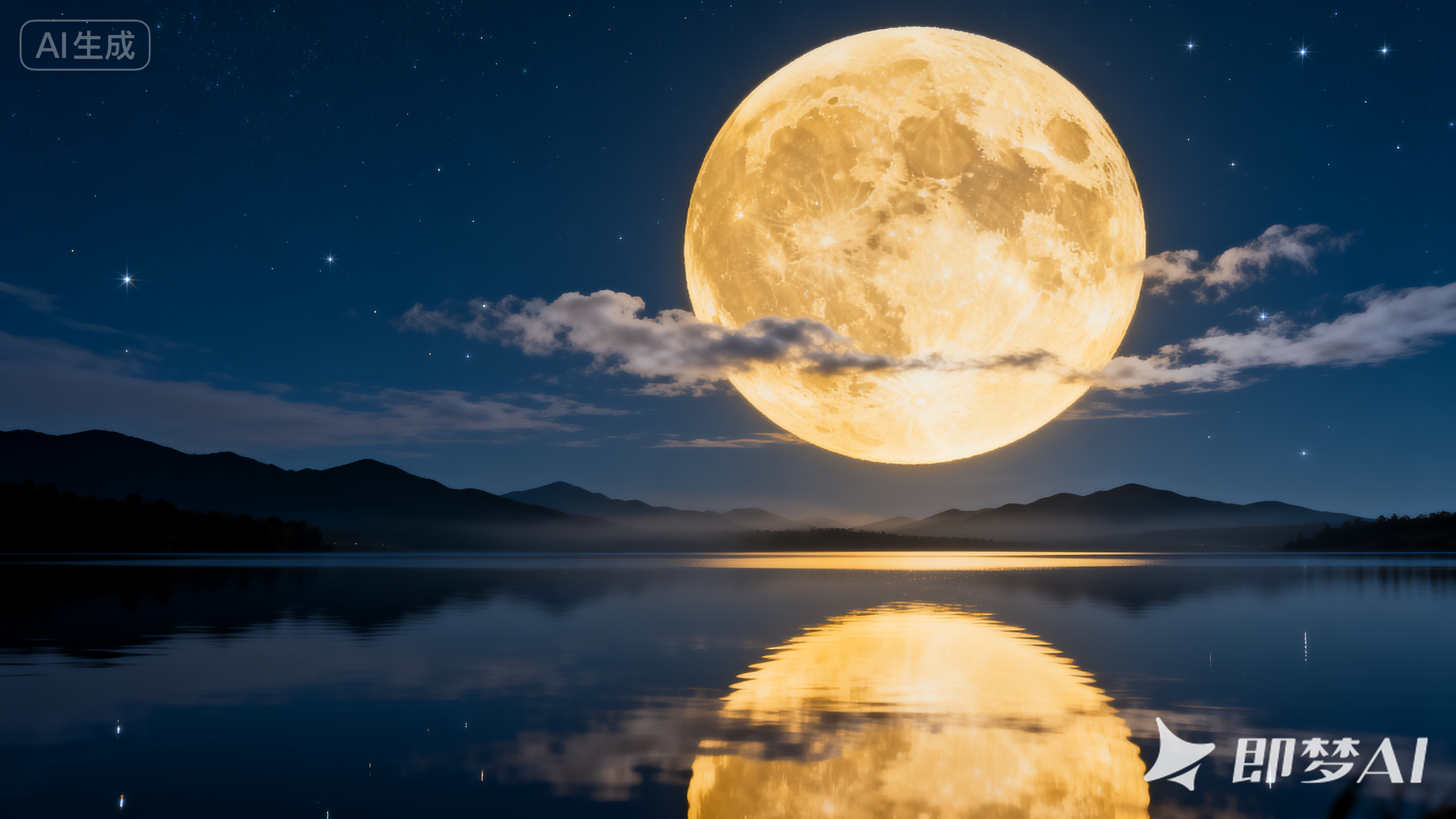 jimeng-2025-10-02-7878-一轮巨大的圆月悬挂在深蓝色夜空中，月光如水银般倾泻，云朵轻盈飘过月面，远山剪影在....png